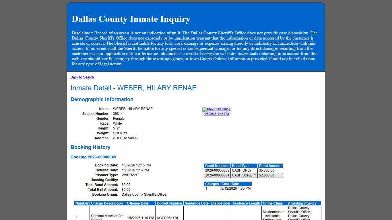 Inmate Detail - WEBER, HILARY RENAE